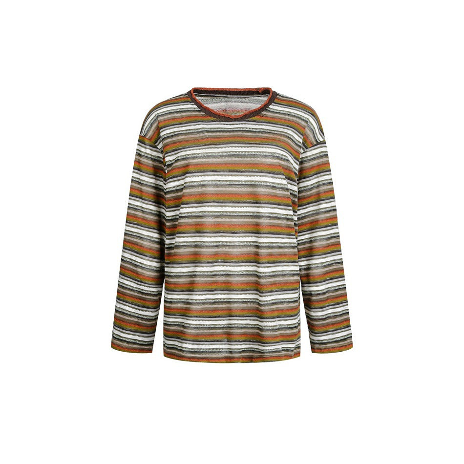 Green multicolor striped long-sleeve crew neck top with contrast neckline, flat front view on white background