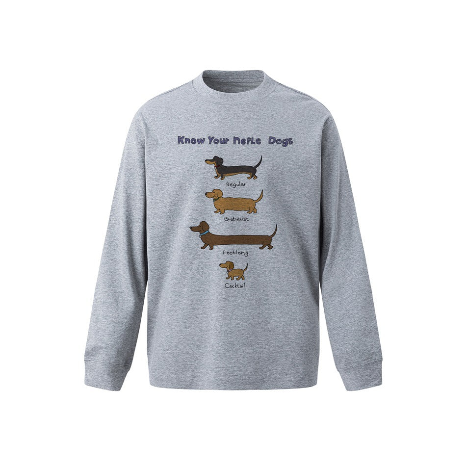 Heather gray long-sleeve crew-neck top with a front print of four cartoon dachshunds and the heading Know Your Neple Dogs