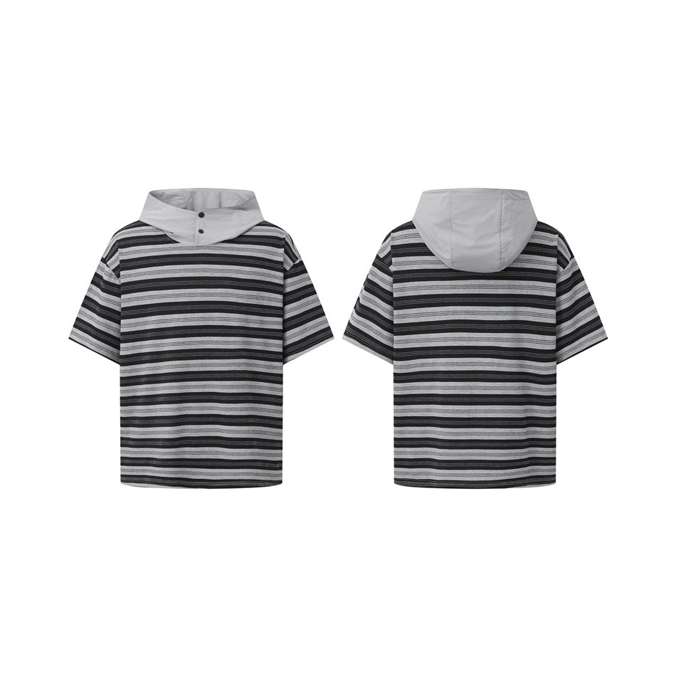 Black and gray striped short-sleeve hooded shirt shown from the front and back.