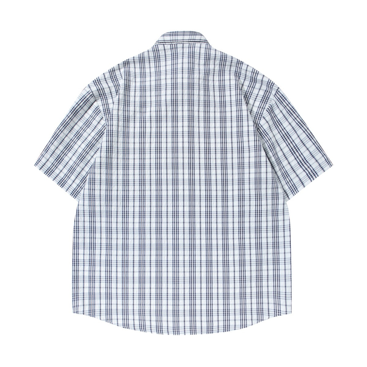 Back view of a short-sleeve white button-up shirt with a blue-gray plaid pattern.