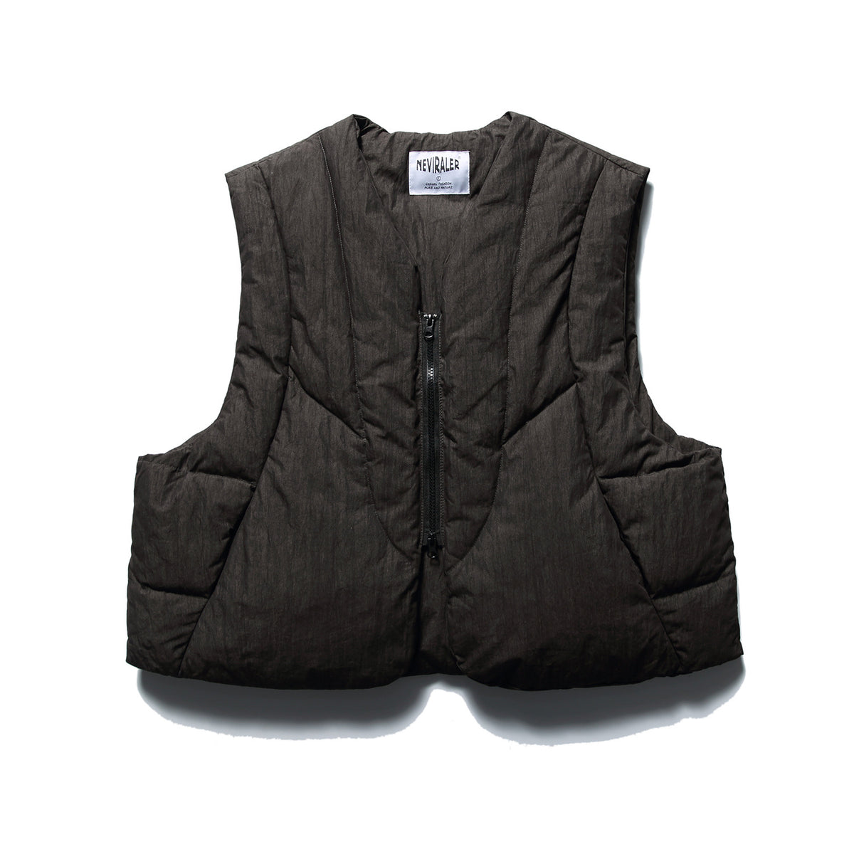 Dark brown quilted sleeveless vest with V-neck and black center zipper, flat front view