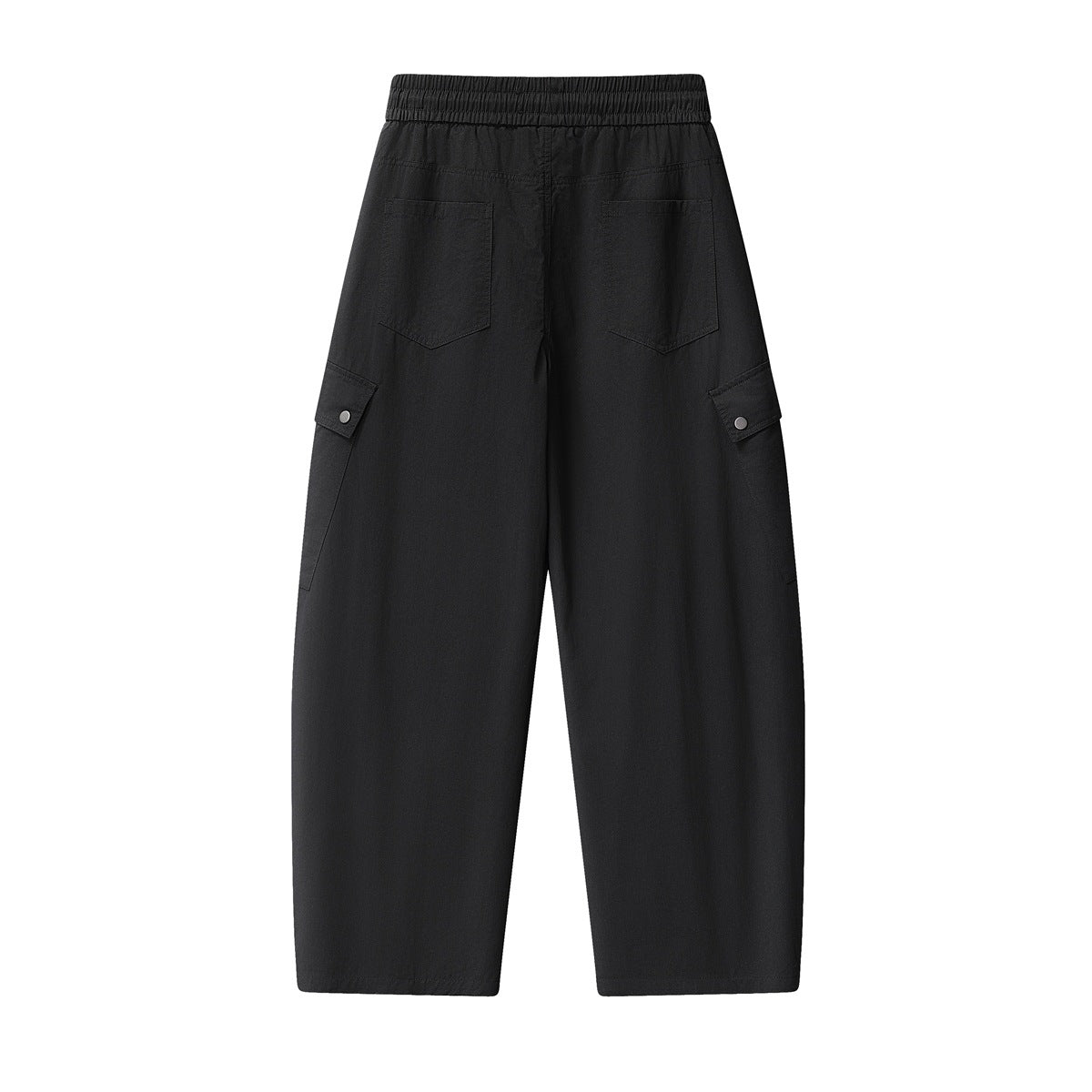 Back view of black wide-leg cargo pants with an elastic waist, two rear pockets, and snap-flap side pockets.