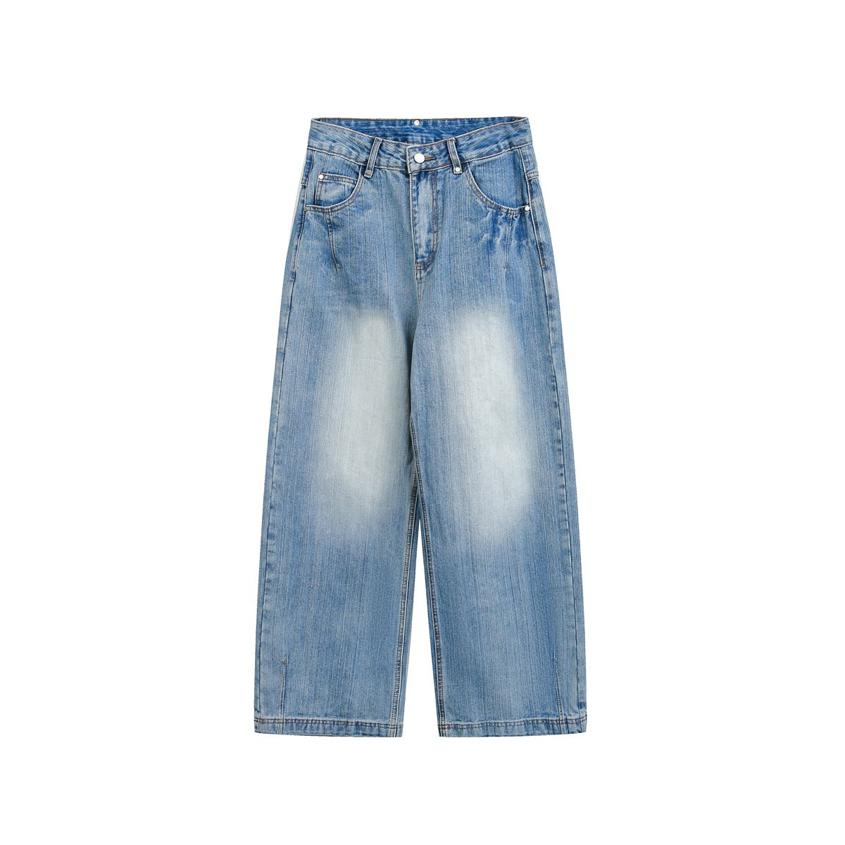 Light blue washed wide-leg jeans flat lay with faded thighs, front zip, belt loops and pockets