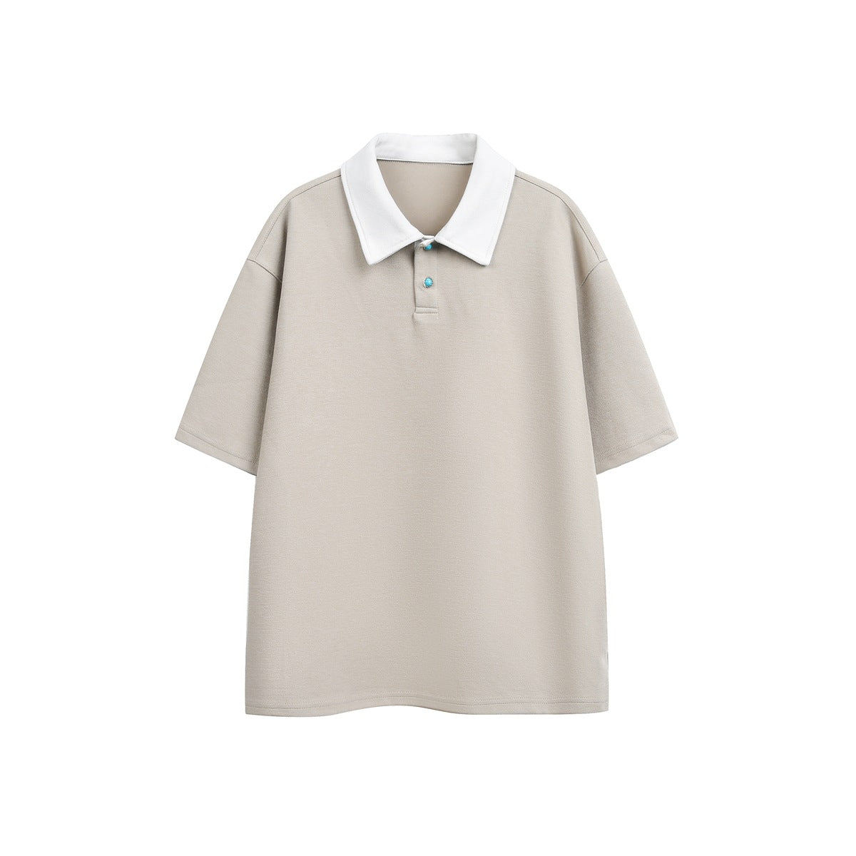 Apricot beige short-sleeve polo top with white contrast collar and two turquoise buttons, front flat view