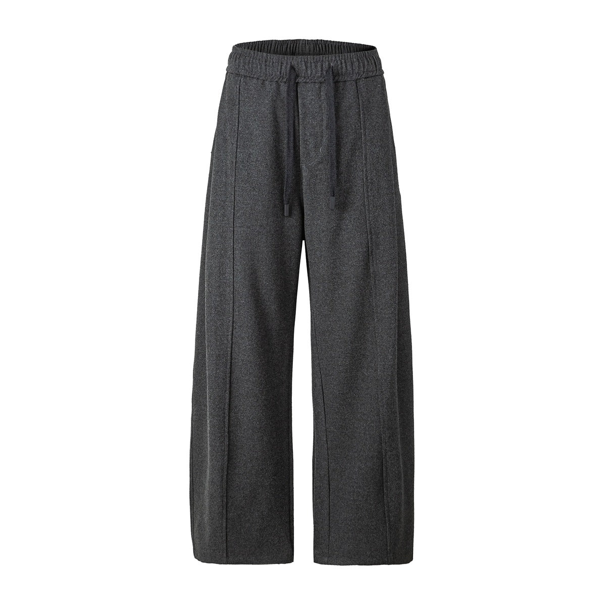Dark gray wide-leg pants with elastic drawstring waist and vertical front seams, flat front view