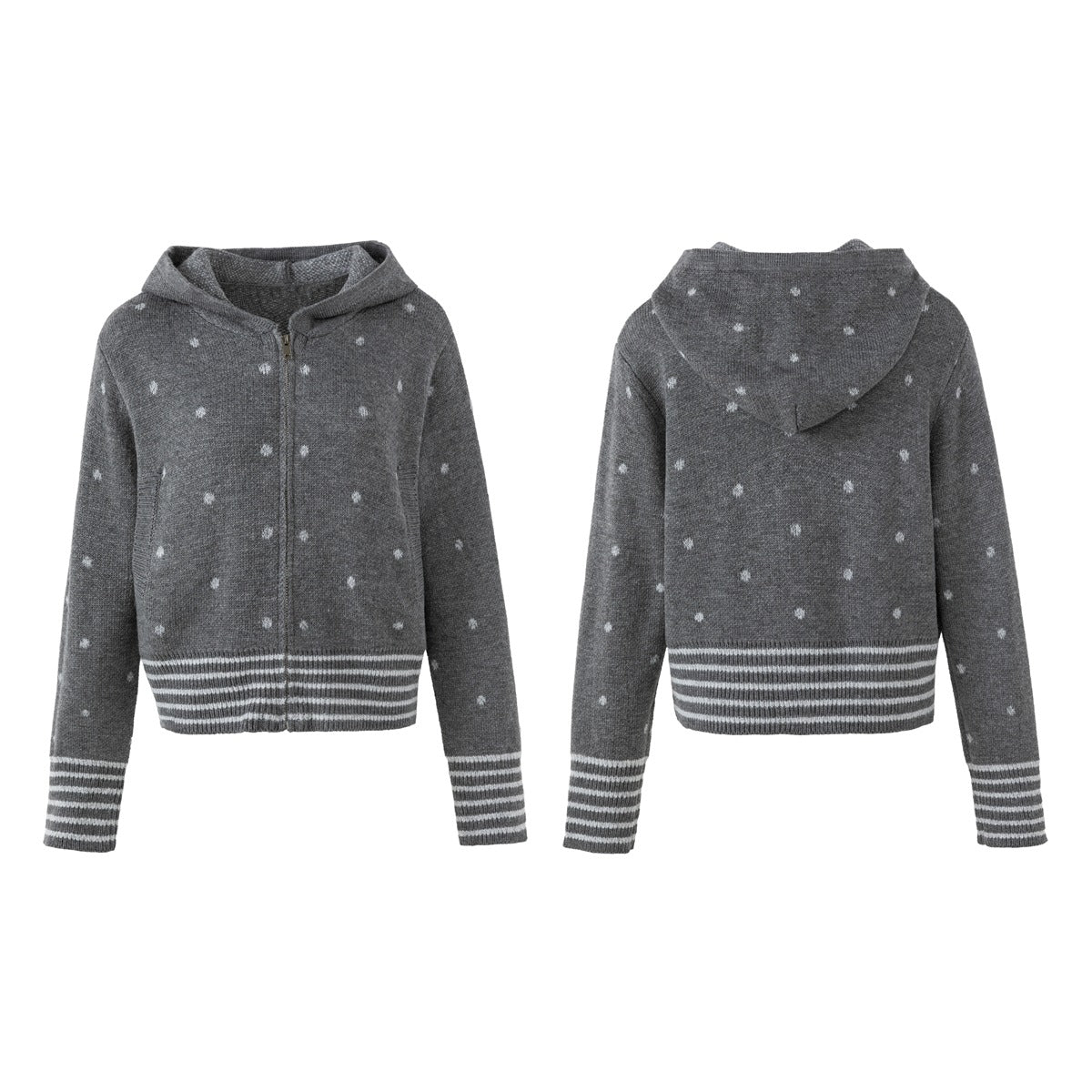 Gray spotted zip hoodie shown from the front and back, with a hood and striped ribbed hem and cuffs.
