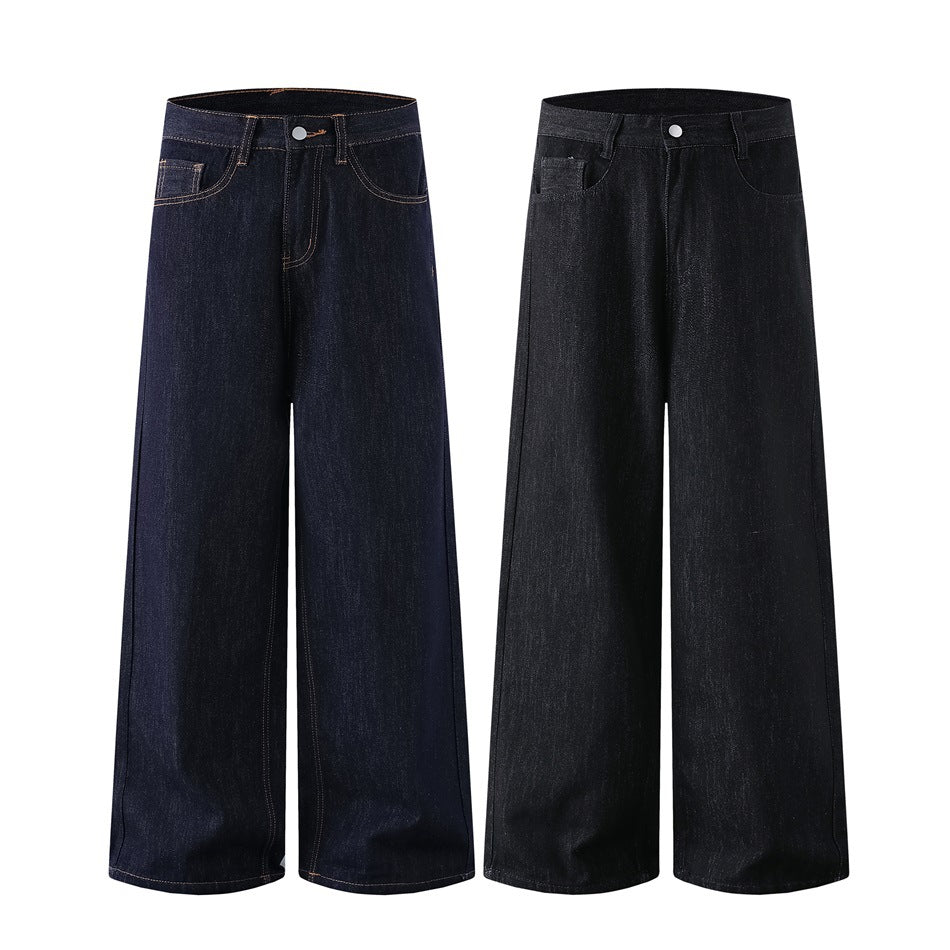 Front views of wide-leg jeans in dark indigo and black, displayed side by side.