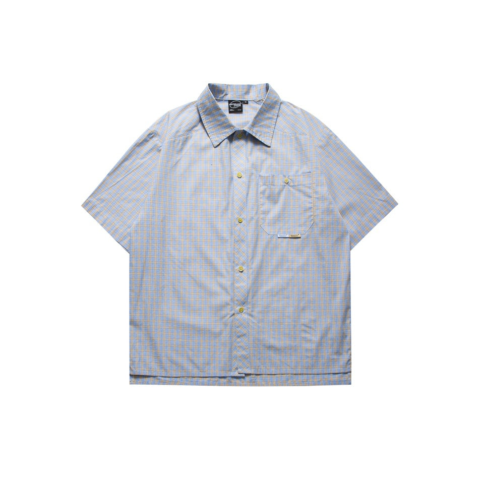 Light blue small-check short-sleeve button-up shirt with chest pocket, laid flat, front view