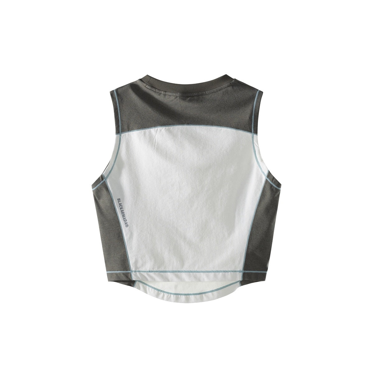 Back view of a sleeveless top with charcoal panels, a white center, and pale blue piping.