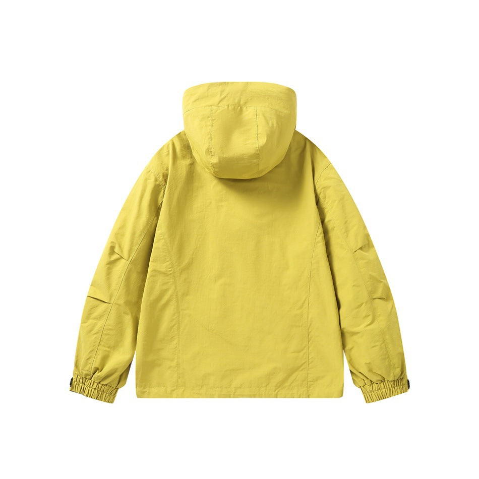 Back view of a bright yellow hooded jacket with elasticated cuffs.