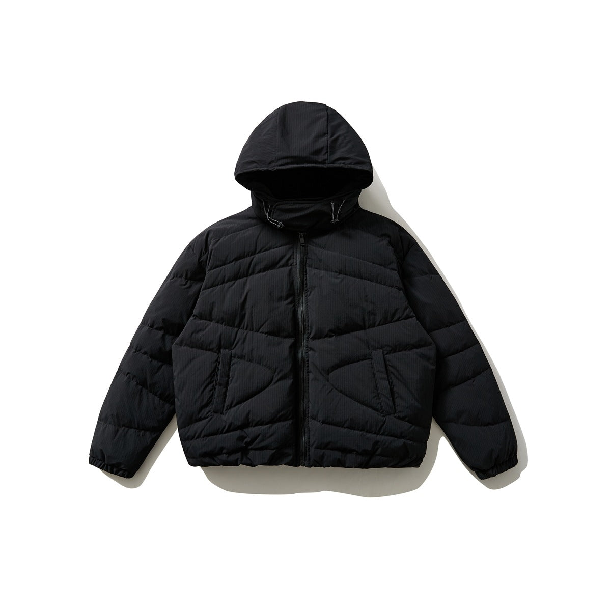 Black hooded quilted puffer jacket, flat lay, front view with front zipper and slanted pockets