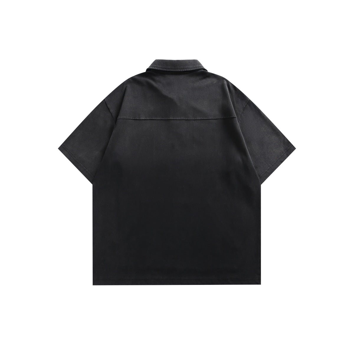 Black short-sleeve polo shirt, flat lay back view with shoulder yoke seam and collar