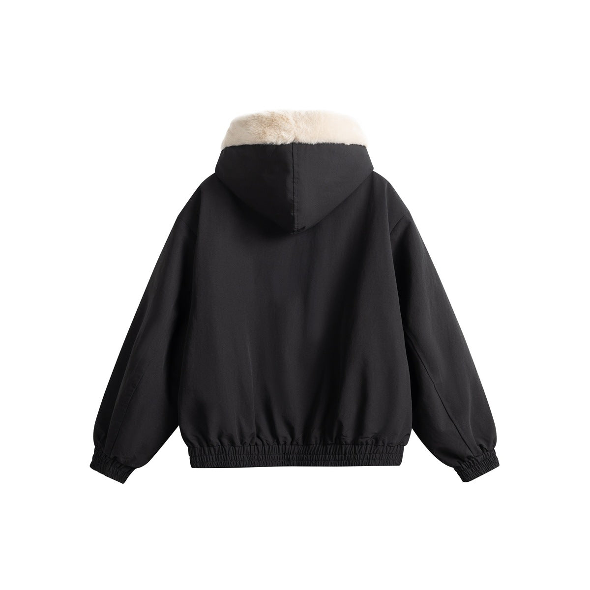 Back view of a black hooded jacket with cream trim at the hood and gathered cuffs and hem.