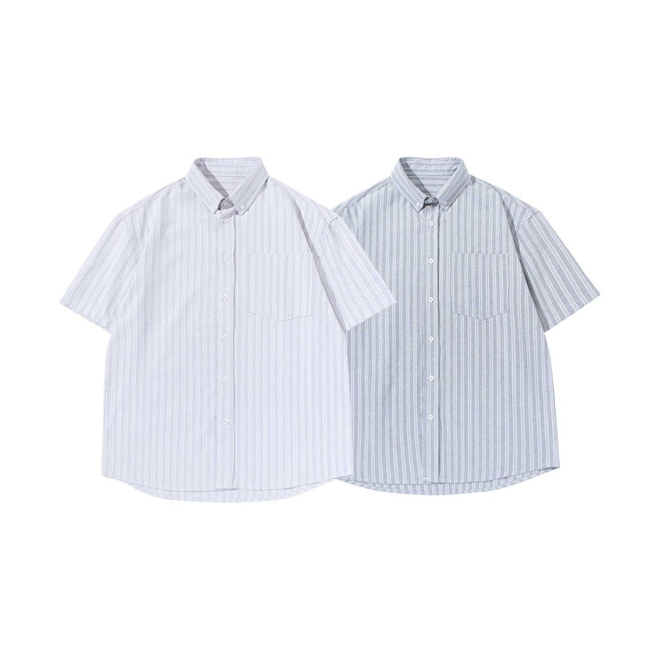 Two short-sleeve button-down shirts with vertical stripes, one pale gray and one darker gray, shown from the front.