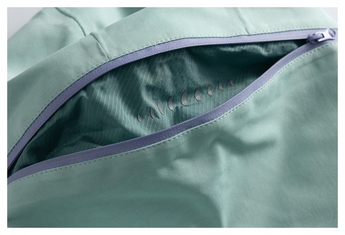 Open lilac-trimmed zipper reveals a dark teal inner panel with a row of small crescent-shaped vents.
