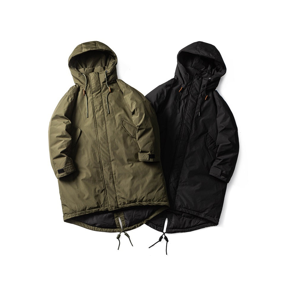 Two hooded parkas displayed together, one olive and one black, with drawcords and flap pockets.