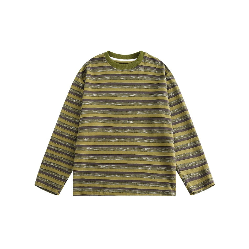 Olive green and brown striped long-sleeve crew-neck top, flat lay front view