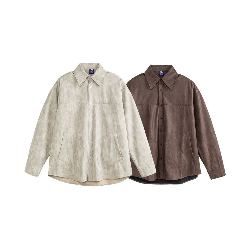 Two button-front jackets with large patch pockets shown side by side in cream and brown.