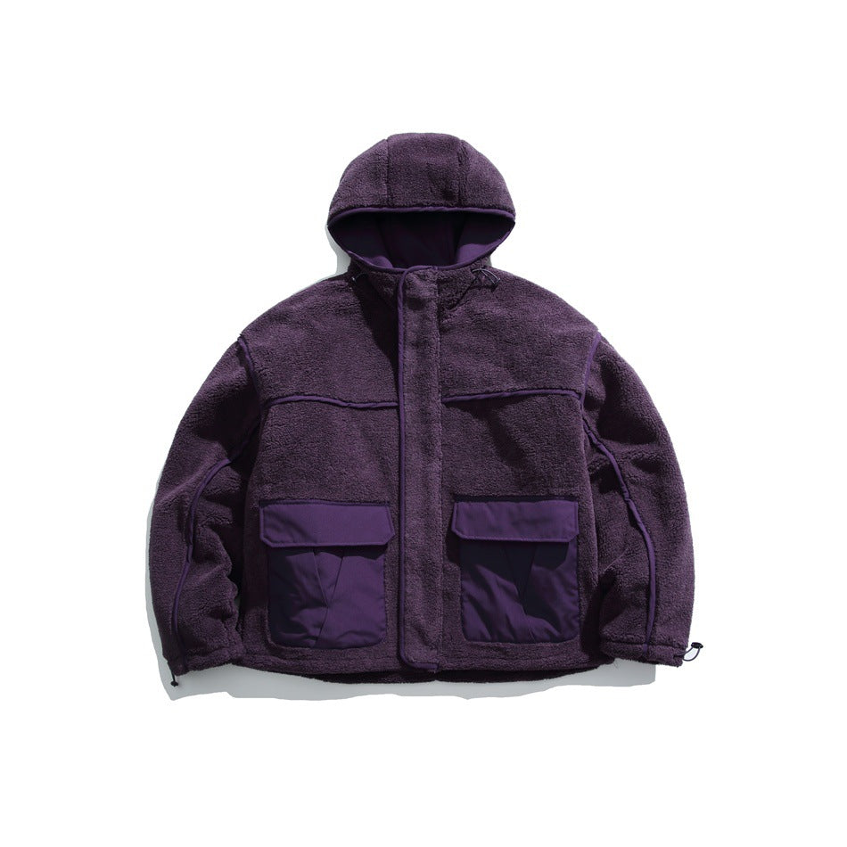 Purple hooded fleece-textured jacket with contrast flap pockets, piping and drawcord cuffs, flat front view