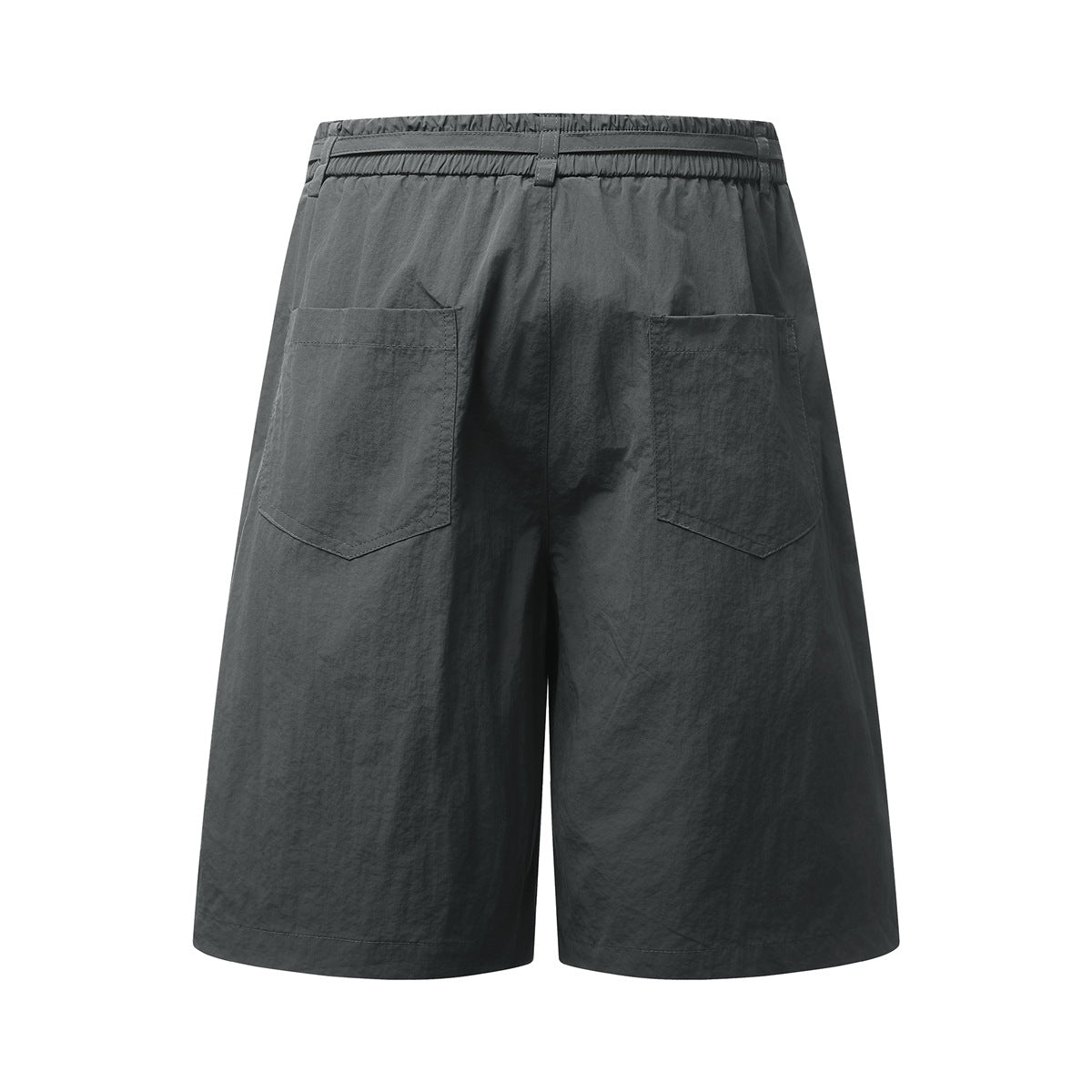Back view of charcoal gray wide-leg shorts with an elastic waistband, belt loops, and two patch pockets.