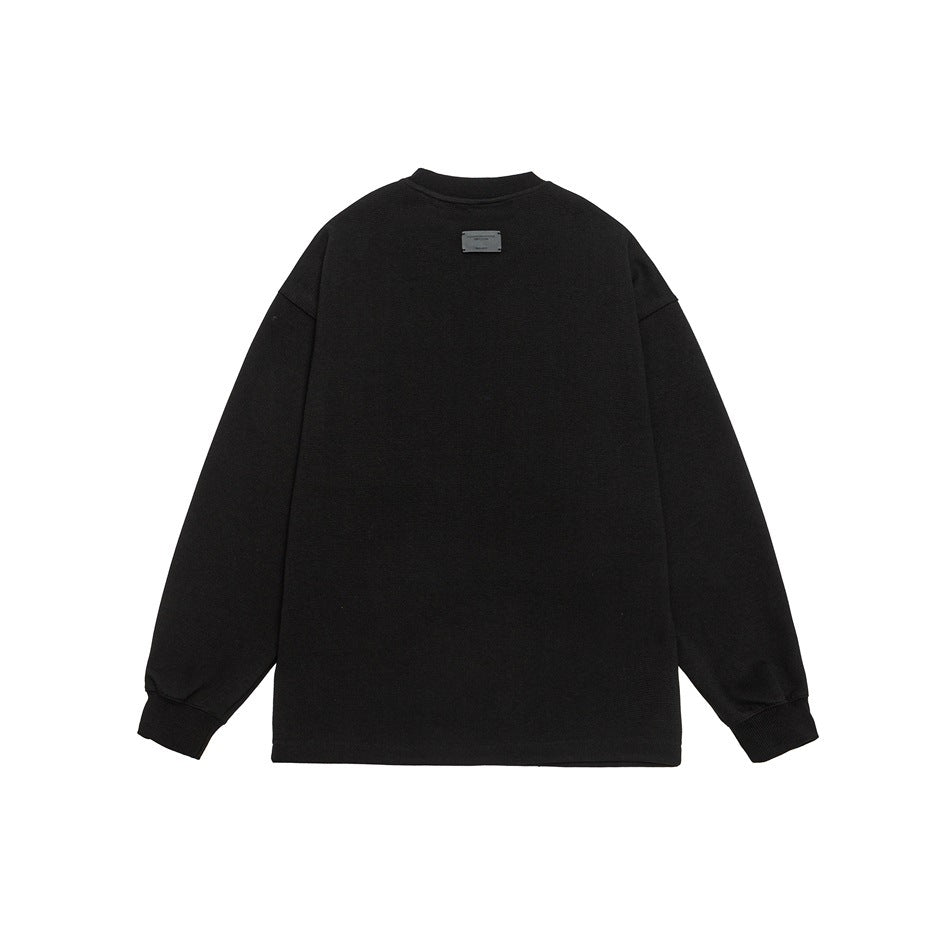 Back view of a black long-sleeve crewneck sweatshirt with dropped shoulders and ribbed cuffs.