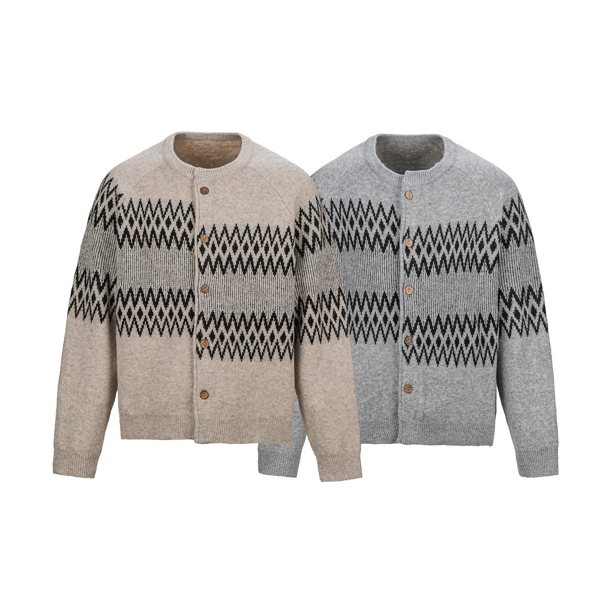 Front view of beige and gray button-front cardigans with black geometric bands and ribbed trim.