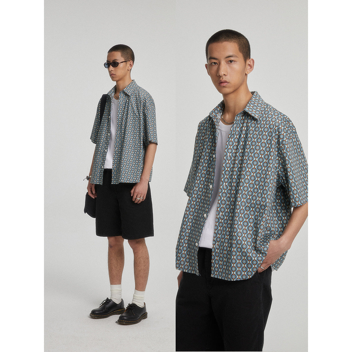Full and close views of a model wearing a blue geometric-pattern short-sleeve shirt over a white tee.