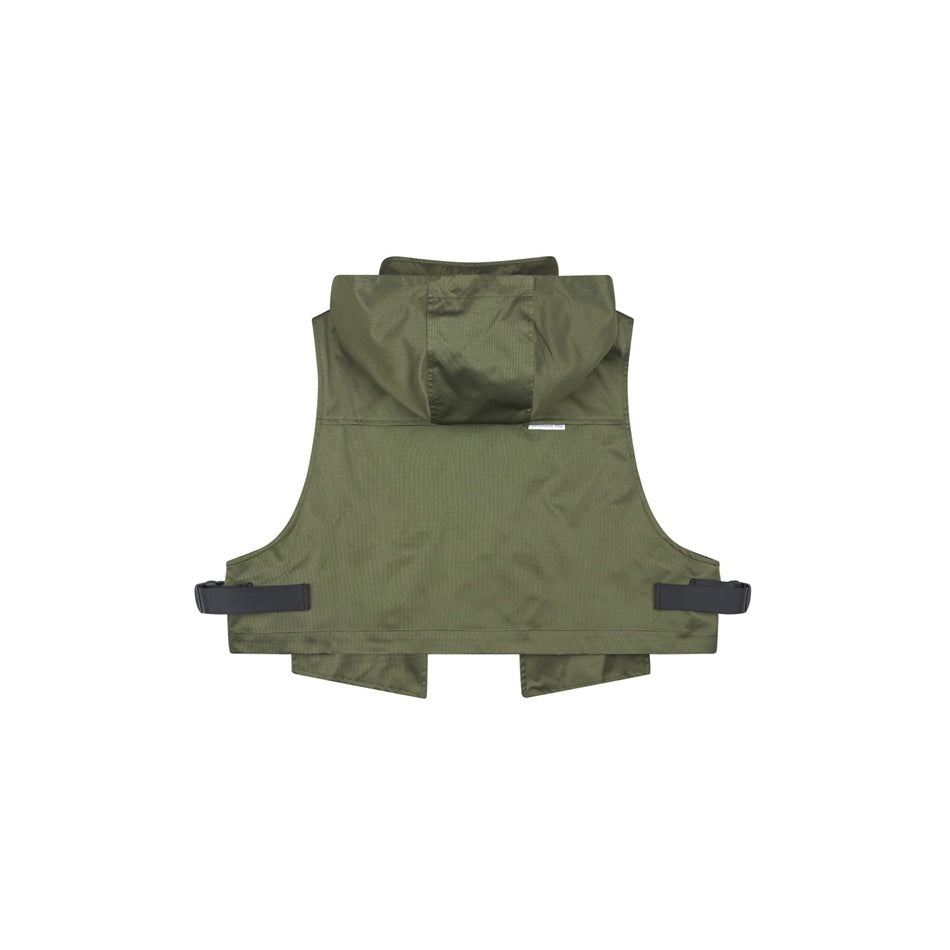 Back view of green hooded vest flat lay with side straps and split hem