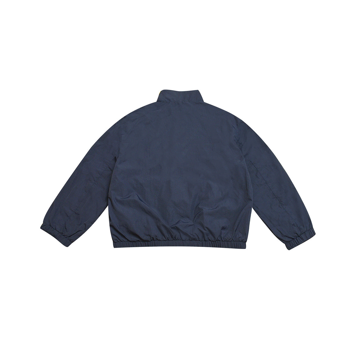 Navy stand-collar jacket back flat lay with elastic cuffs and hem