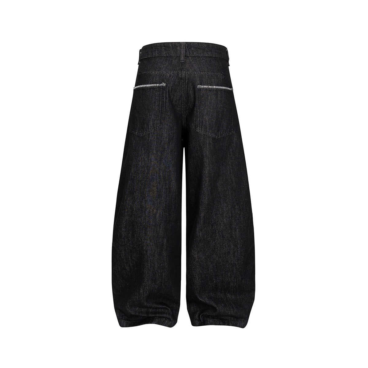 Black wide-leg denim jeans, back view, with two patch pockets and contrast stitching on the pocket tops