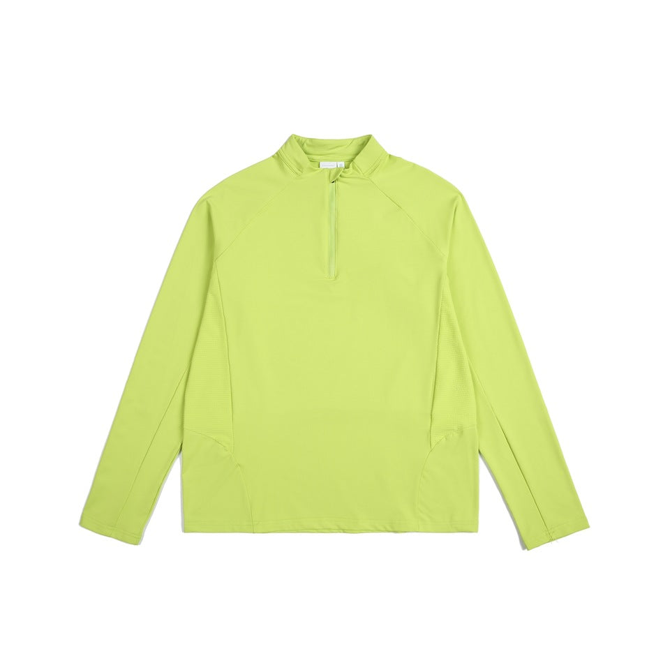 Lime green long-sleeve quarter-zip top with stand collar and raglan sleeves, flat front view