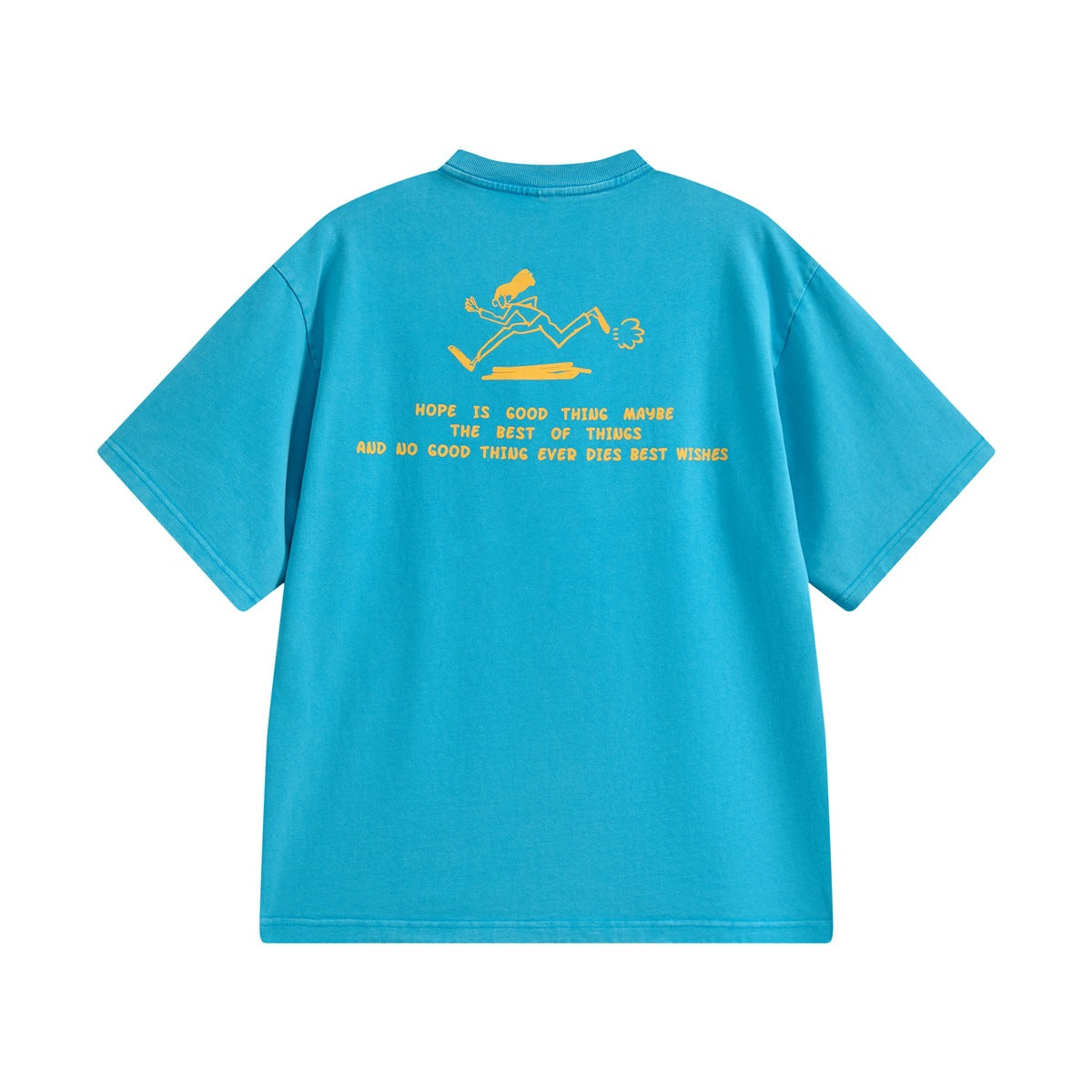 Back of blue short-sleeve T-shirt with yellow print of a running cartoon figure and slogan text, flat lay