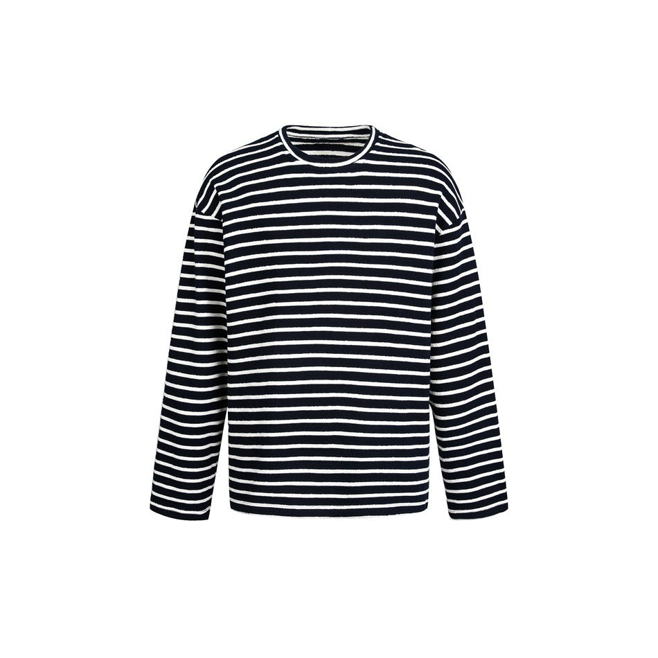 Dark black/navy and white horizontally striped long-sleeve crewneck sweatshirt, flat front view on white background