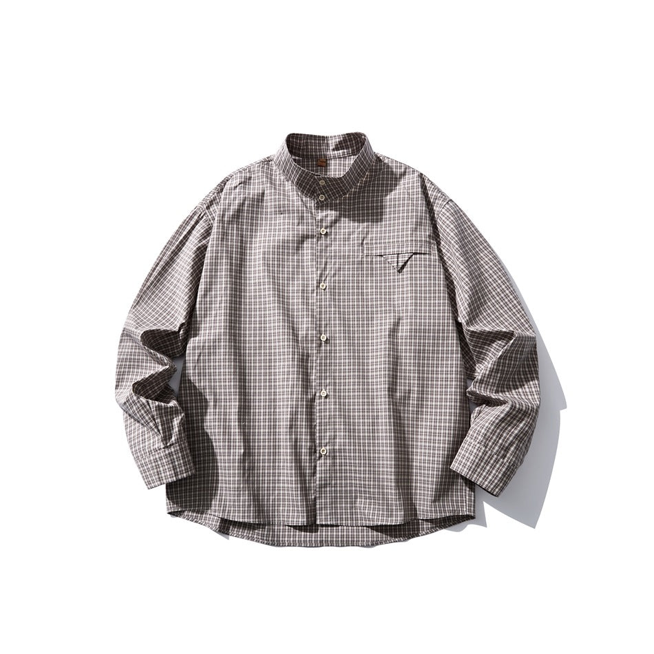 Brown and white small-check plaid long-sleeve shirt with stand collar, button front and chest pocket, flat lay