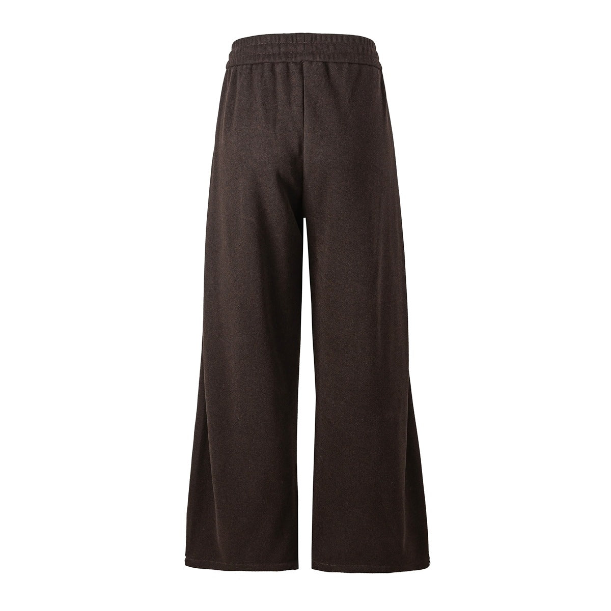 Back view of dark brown wide-leg pants with an elastic waistband and plain legs.
