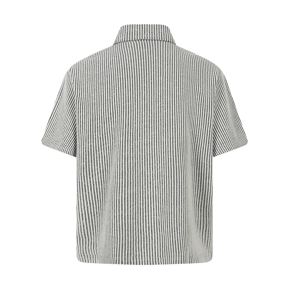Back view of a white short-sleeve collared shirt with narrow black vertical stripes.