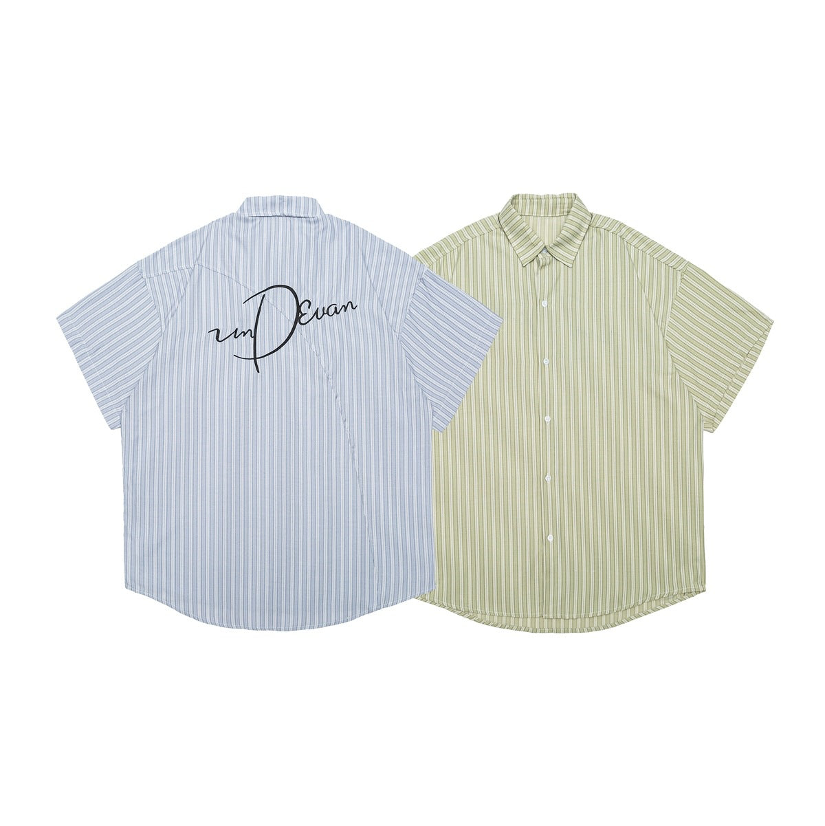 Two short-sleeve striped button-up shirts: blue shown from the back with cursive embroidery, green shown from the front.