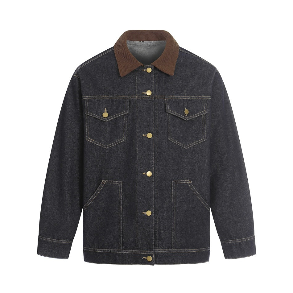 Dark denim jacket with brown corduroy collar, gold buttons and chest flap pockets, flat front view