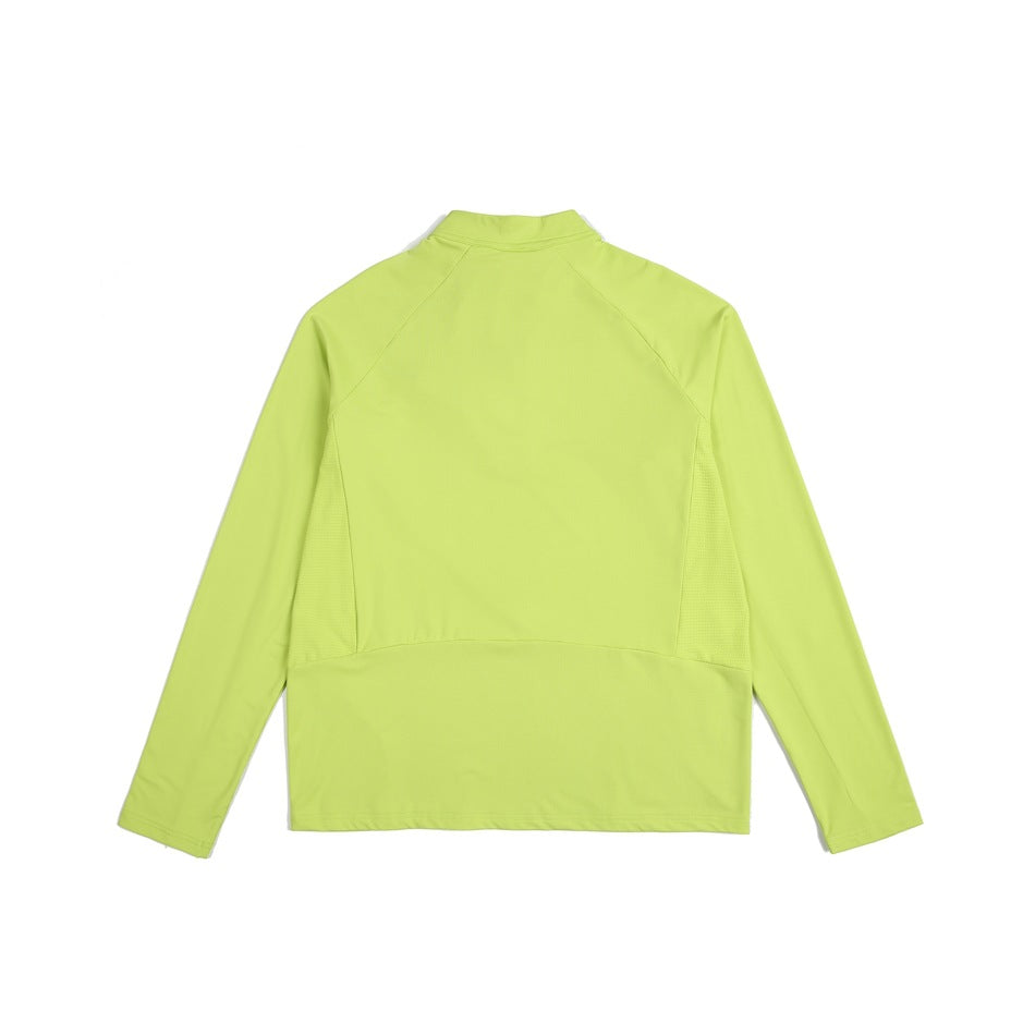 Back view of a bright lime-green long-sleeve pullover with a stand collar, raglan seams, and textured side panels.