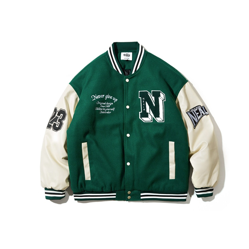Dark green varsity jacket with cream sleeves, striped trim, snap front, chenille N patch and script embroidery