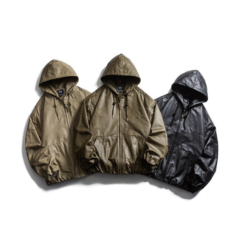 Three hooded zip jackets laid flat in light khaki, olive, and black, shown from the front.