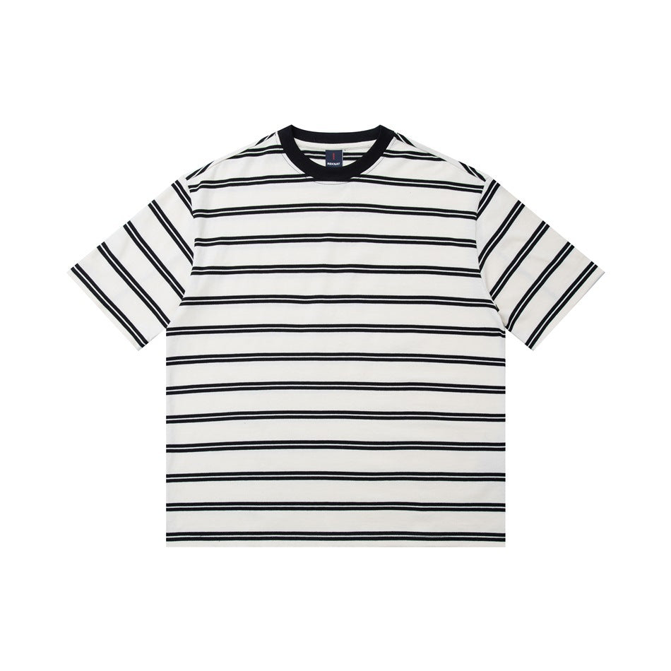Off-white short-sleeve crewneck tee with black double stripes and black collar, flat lay front view