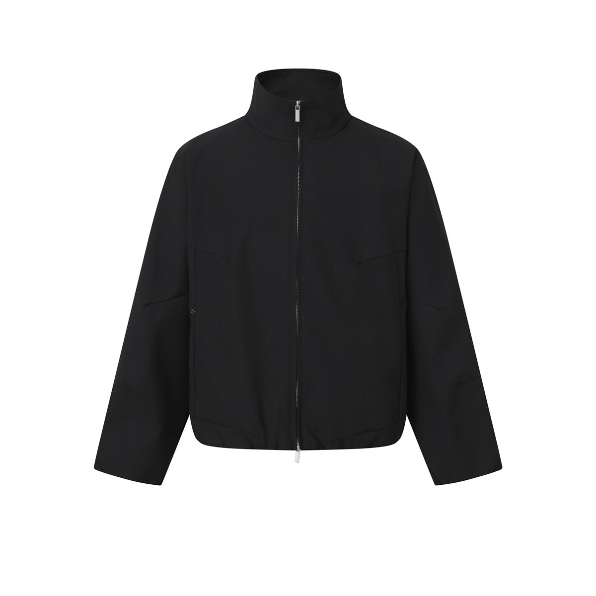 Black stand-collar zip-front jacket flat lay with angled side pockets and paneled seams