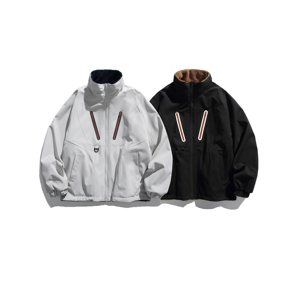 Light gray and black stand-collar zip jackets with orange-trimmed diagonal chest zip pockets