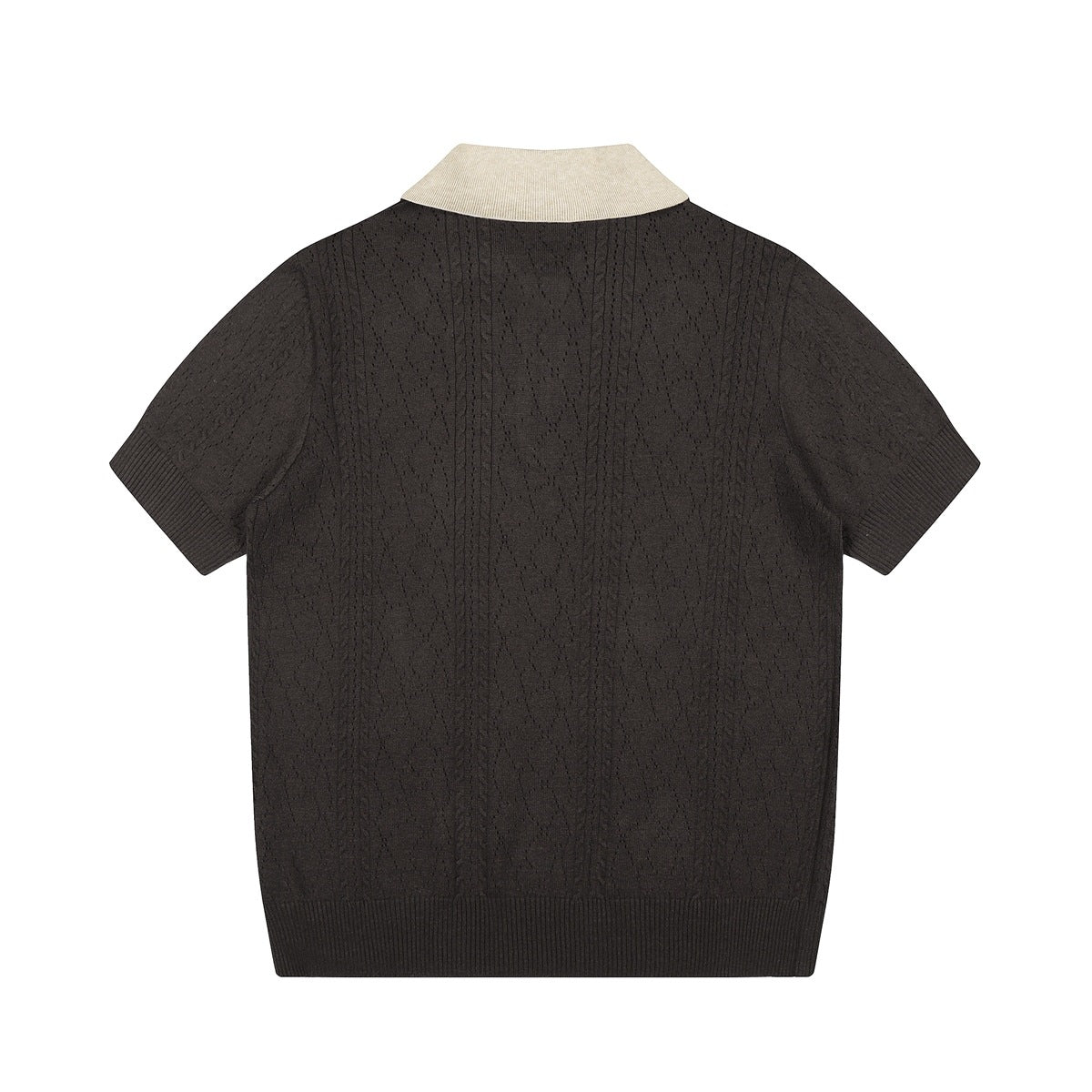 Back view of a dark brown short-sleeve knit top with a contrasting cream collar.
