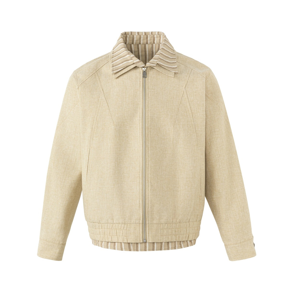 Front view of a beige zip-front jacket with a striped pointed collar and striped fabric peeking below the hem.