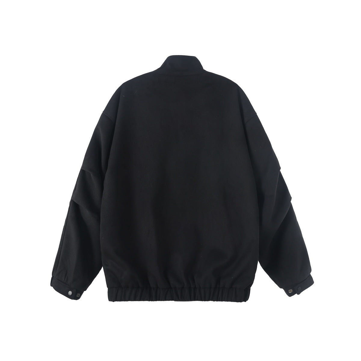 Rear view of a black jacket with a raised collar, long sleeves, snap cuffs, and an elasticized hem.