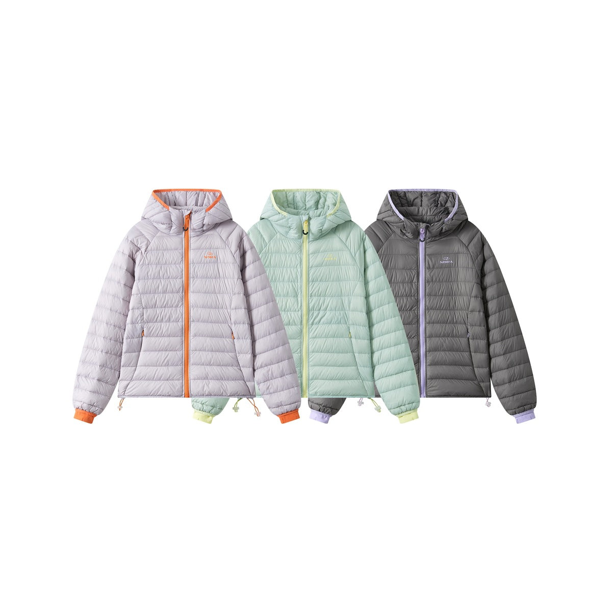 Three hooded quilted jackets shown from the front in pale lavender with orange trim, mint with yellow-green trim, and