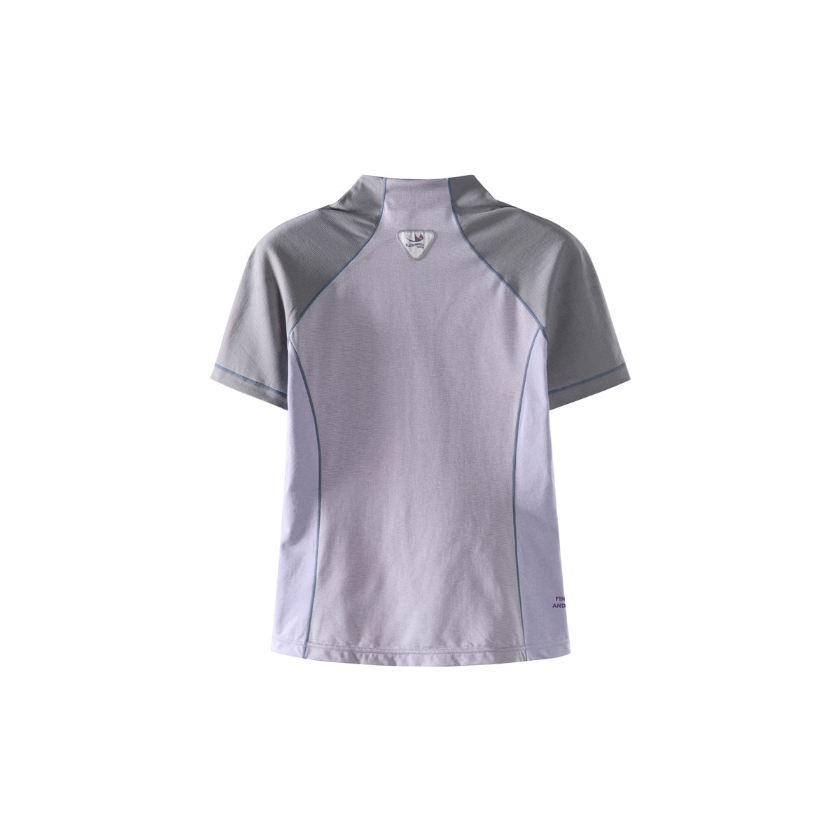 Back view of a pale lavender top with gray sleeves and blue piping.
