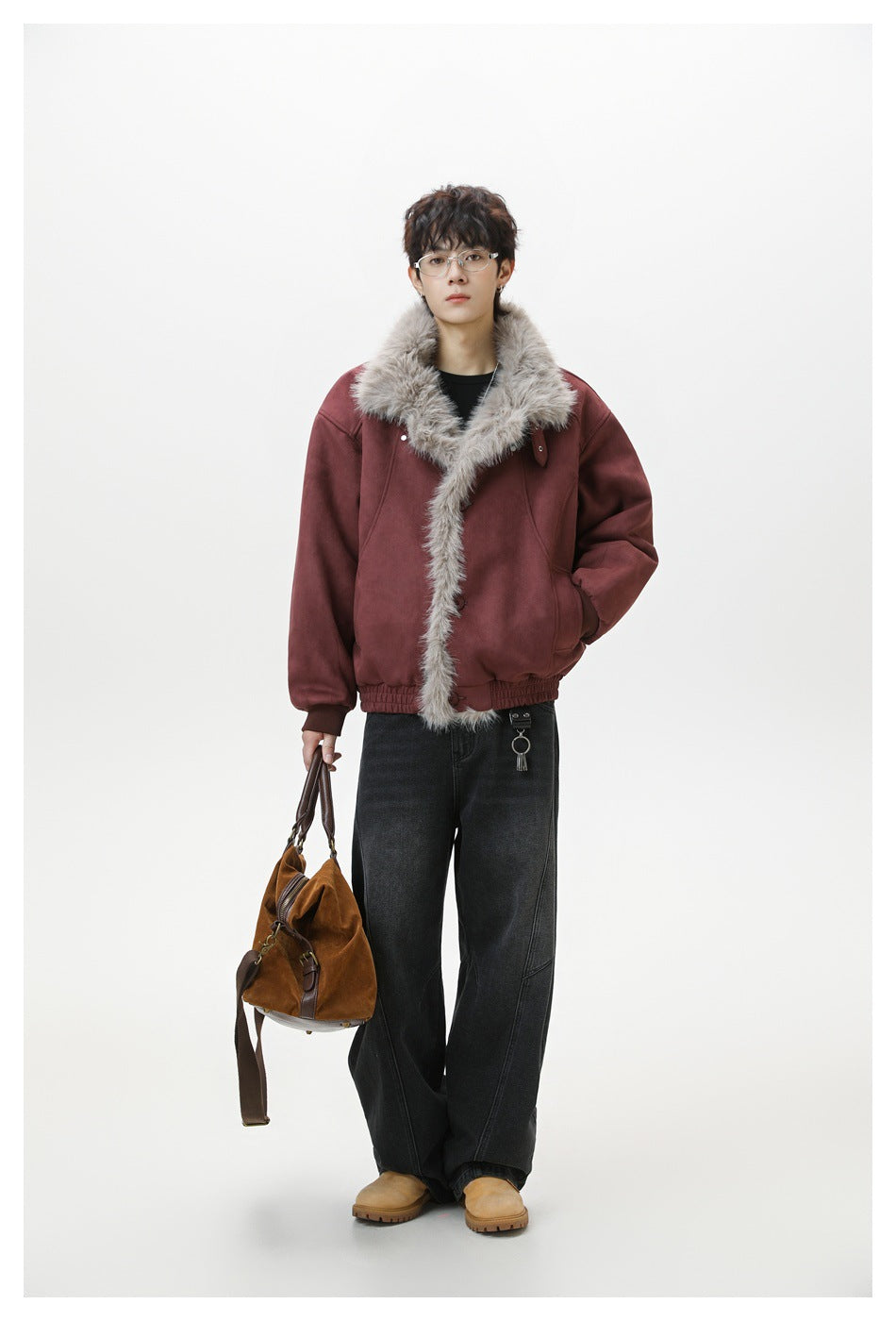 Full-length model wearing a burgundy jacket with gray fur trim at the collar and front.